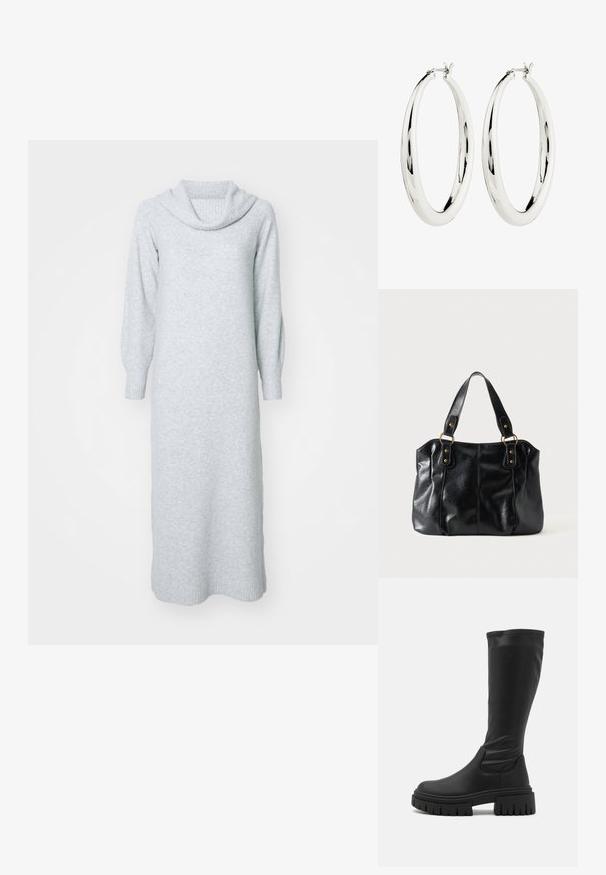 Hellgraues gestricktes Kleid mit schmanjer Kragen, langen Ärmeln und gerippten Bündchen. Lange, gerade Silhouette mit weicher Textur.; Even&Odd by Zalando Plateaustiefel - black; Schwarze Leder-Schultertasche mit doppelten Trägern, befestigt durch goldene Ringe und Nieten, glatte und leicht glänzende Oberfläche, schlichtes Design.; Silberne Creolen mit einer glatten, reflektierenden Oberfläche. Runde, große Form mit einem sicheren Verschluss an der Oberseite. Polierte Oberfläche betont den Glanz.