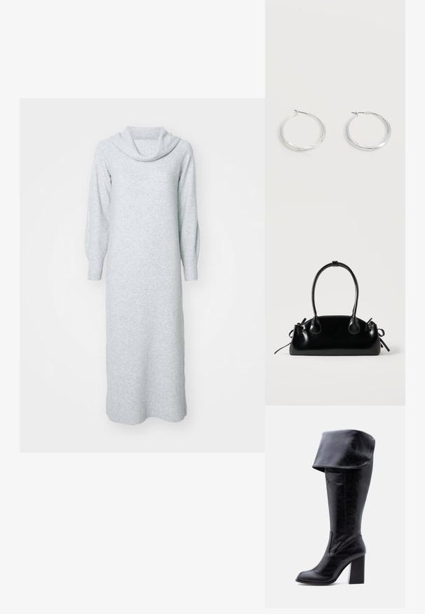 Robe tricotée gris clair avec un col drapé, des manches longues et des poignets côtelés. Silhouette longue et droite avec une texture douce.; Botte haute en cuir noir avec talon, bord plié et bout arrondi, debout sur un fond blanc.; Petit sac à main noir brillant avec deux longues anses et des détails à cordon sur les côtés sur un fond clair uni.; Boucles d’oreilles créoles en métal argenté avec une surface lisse légèrement incurvée et des fermoirs à clapet sur un fond blanc uni.