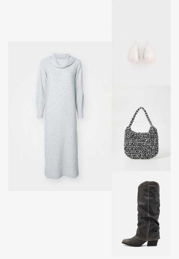 Robe tricotée gris clair avec un col drapé, des manches longues et des poignets côtelés. Silhouette longue et droite avec une texture douce.; Bottines en cuir gris hauteur mollet avec un design décontracté, bout pointu et talon empilé. Détails de couture remarquables sur la zone des orteils.; Sac en osier noir et blanc de forme arrondie, avec une surface texturée et une poignée tressée. Convient à un usage décontracté.; Boucles d'oreilles en métal argenté en forme de goutte, avec une surface lisse et réfléchissante, présentant un design sans couture et sans embellissements visibles.