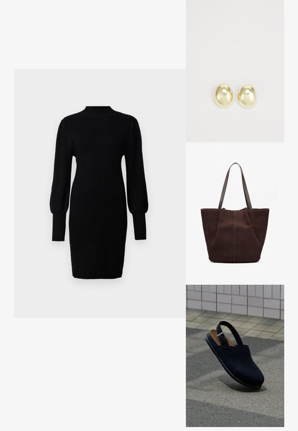 Sort strikket kjole med høj hals, ribbet tekstur, lange ballonærmer og tætsiddende silhuet, der går til midten af låret.; Sort lukket slingback-sko med sølvspænde, brun indersål, svæver over grå asfalt med muret flisevæg i baggrunden.; Brun suedetote med to strukturerede læderhåndtag. Har et enkelt, åbent design og diskret syning langs den forreste søm.; Guldtonede metalstudøreringe med en glat, rund form og poleret overflade. Simpelt design uden yderligere dekorationer.