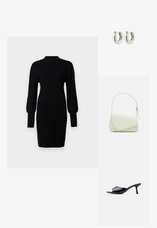 Vestido negro de punto con un cuello alto, textura acanalada, mangas largas de globo y silueta ajustada, que llega hasta la mitad del muslo.; Mula de charol negro con punta abierta, tacón bajo y delgado, y diseño deslizable sobre un fondo gris claro.; Bolso de mano de imitación cuero blanco con una forma triangular estructurada, correa ajustable única y cierre con solapa acentuada en curva.; Pendientes de aro de plata con un diseño suave y redondeado y un acabado brillante. Presentan un cierre de bisagra sencillo para facilitar su uso.