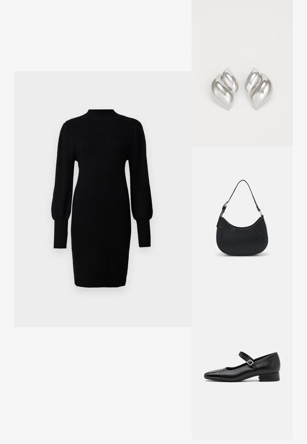 Robe en tricot noir avec un col montant, texture côtelée, manches longues en forme de ballon et silhouette ajustée, arrivant au milieu de la cuisse.; Chaussures Mary Jane en cuir noir avec un embout en vernis, une sangle cheville réglable et un petit talon carré. Texture lisse et design élégant.; Sac hobo noir en cuir lisse avec une silhouette arrondie, doté d'une seule sangle ajustable et de détails de design minimalistes.; Boucles d'oreilles en argent avec une forme organique et abstraite. Surface lisse et brillante avec un design effilé. Présente des courbes subtiles et un détail central en ligne.