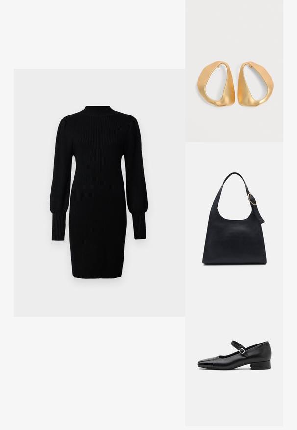 Schwarzes gestricktes Kleid mit hohem Kragen, gerippter Textur, langen Ballonärmeln und figurbetonter Silhouette, die bis zur Mitte des Oberschenkels reicht.; Schwarze Leder-Mary-Jane-Schuhe mit einer patentierten Zehenkappe, verstellbarem Knöchelriemen und niedrigem Blockabsatz. Glatte Textur und elegantes Design.; Schwarze Leder-Tote mit glatter Textur, runder Form und einem einzigen Schulterriemen, der mit einem runden goldenen Hardware-Akzent verziert ist.; Paar unregelmäßiger, asymmetrischer goldener Creolen mit glatter, matter Oberfläche vor neutralem Hintergrund.