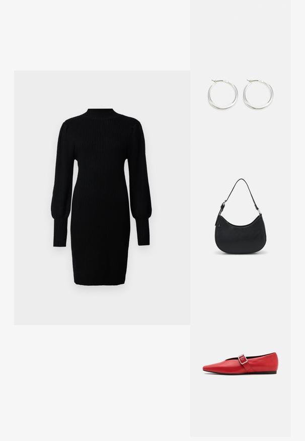 Vestido negro de punto con un cuello alto, textura acanalada, mangas largas de globo y silueta ajustada, que llega hasta la mitad del muslo.; Zapato plano de cuero rojo con punta afilada, que presenta una correa lateral con una hebilla de metal y un tacón bajo negro. Textura suave en toda su superficie.; Bolso hobo negro hecho de cuero suave con una silueta curva, que cuenta con una sola correa ajustable y detalles de diseño minimalistas.; Los pendientes de aro de plata presentan un diseño suave y redondeado con un perfil delgado y un cierre seguro. Estilo minimalista con un acabado pulido.
