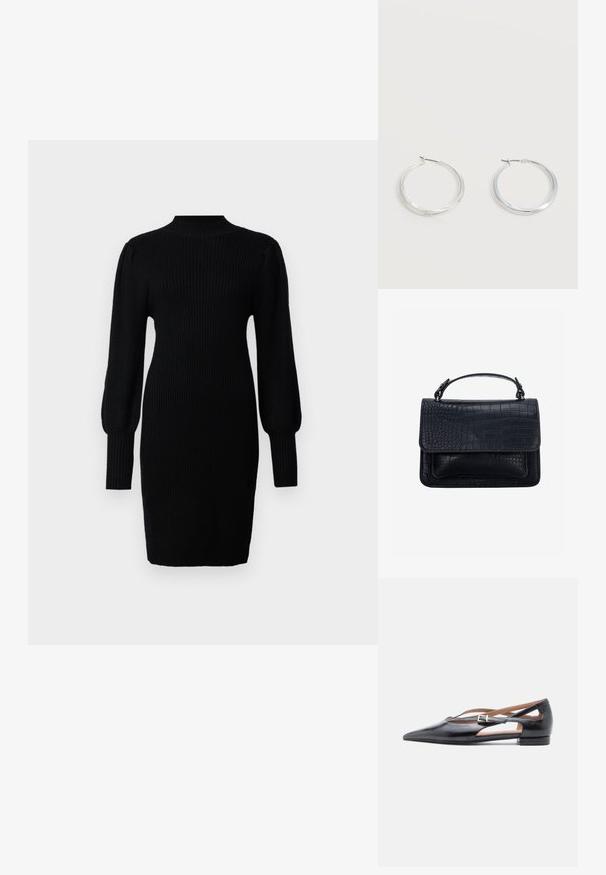 Vestido negro de punto con un cuello alto, textura acanalada, mangas largas de globo y silueta ajustada, que llega hasta la mitad del muslo.; Zapatos planos de cuero negro con punta afilada, lados abiertos y una pequeña correa en el tobillo con un detalle de hebilla plateada.; Bolso negro con textura de cocodrilo, forma rectangular, solapa superior y un solo asa corta.; Pendientes de aro de metal plateado con superficie lisa y ligeramente curvada y cierre de tipo mosquetón sobre un fondo blanco liso.