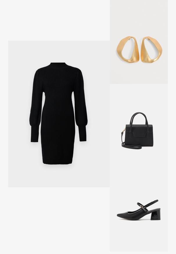 Vestido negro de punto con un cuello alto, textura acanalada, mangas largas de globo y silueta ajustada, que llega hasta la mitad del muslo.; Tacones slingback de charol negro con punta afilada, un diseño de corte redondeado y tacón bloque. Incluye un detalle de hebilla en tono dorado.; Bolso estructurado negro de cuero con un asa superior, correa de hombro desmontable y un detalle de tapa en la parte frontal. Acentos en dorado.; Par de pendientes de aro dorados irregulares y asimétricos con acabado suave y mate sobre fondo neutro.