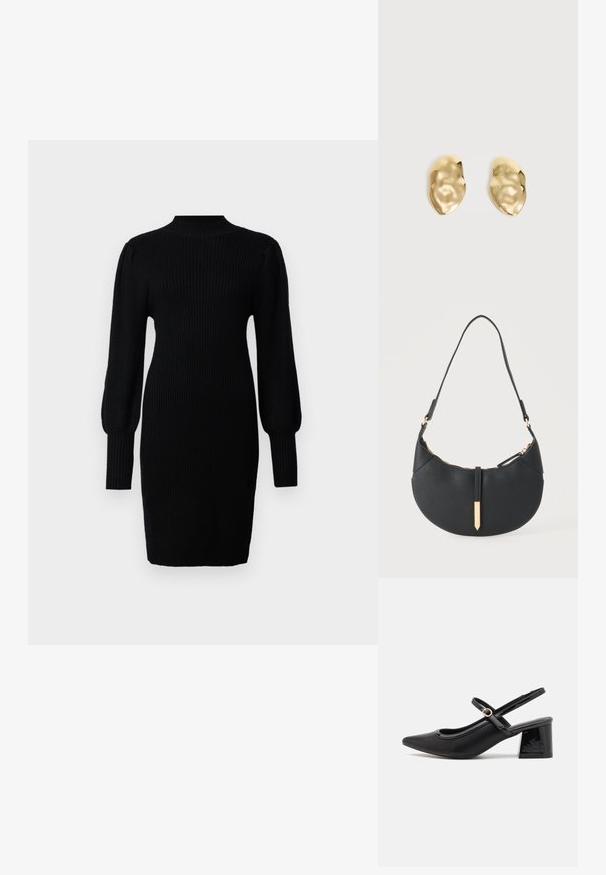 Robe en tricot noir avec un col montant, texture côtelée, manches longues en forme de ballon et silhouette ajustée, arrivant au milieu de la cuisse.; Escarpins slingback en cuir verni noir avec un embout pointu, un design à découpes arrondies et un talon carré. Présente un accent de boucle en ton doré.; Sac à main noir en forme de croissant avec une bandoulière unique, une fermeture éclair dorée et une languette décorative rectangulaire dorée à l'avant.; Paire de boucles d'oreilles en métal doré brillant, de forme irrégulière, avec une surface froissée et lisse sur un fond clair uni.