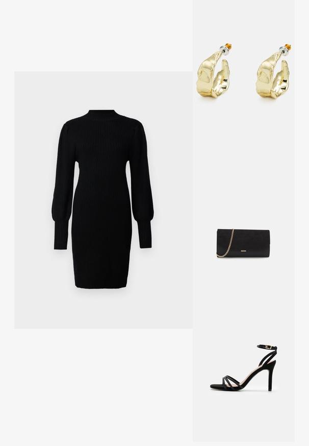 Zwarte gebreide jurk met een hoge halslijn, ribbelstructuur, lange ballonmouwen en een getailleerd silhouet, die tot halverwege de dij reikt.; Anna Field Sandalen - black; Zwarte clutch tas gemaakt van suede met een textuurafwerking, voorzien van een gouden schouderband en een strakke, hoekige vorm.; Goudkleurige oorbellen in de vorm van abstracte handen, met een glanzend oppervlak, ingewikkelde details en een zilver- en goudkleurige post voor een veilige bevestiging.