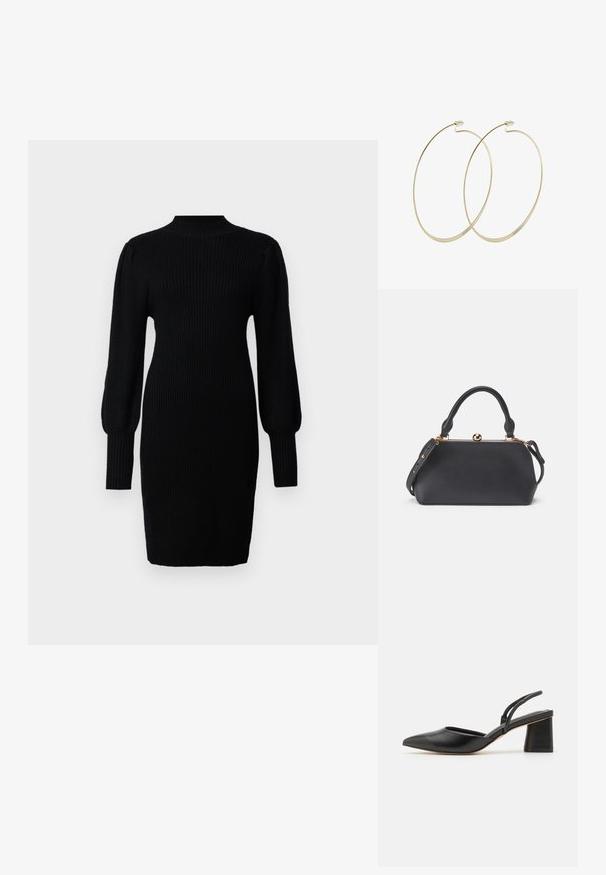 Vestido negro de punto con un cuello alto, textura acanalada, mangas largas de globo y silueta ajustada, que llega hasta la mitad del muslo.; Zapato slingback de cuero negro con punta puntiaguda, tacón bajo de bloque y diseño minimalista con finas tiras y textura suave.; Bolso de cuero negro con parte superior redondeada, mango corto y correa desmontable. Presenta un cierre metálico y una textura suave.; Pilgrim Pendientes - gold-coloured