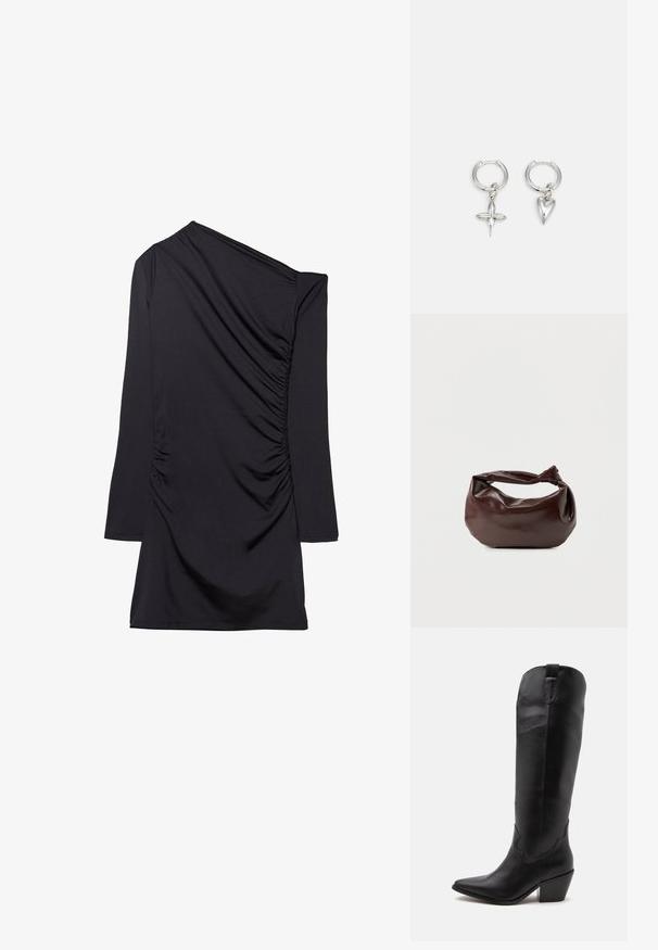 Schwarzes Kleid mit einem einseitigen Design, langem Ärmel und gerafftem Stoff an der Seite. Hergestellt aus weichem, dehnbarem Material.; Hoher schwarzer Leder-Cowboystiefel mit spitzer Zehenkappe, niedrigem Blockabsatz und minimaler Naht, seitlich auf weißem Hintergrund gezeigt.; Dunkelbraune Lederschultertasche mit weicher, lockerer Form und einem gedrehten Knotengriff vor schlichtem weißem Hintergrund.; Silberne Creolen mit einem Kreuz- und Herz-Anhänger. Glatte, glänzende Textur mit polierter Oberfläche. Jeder Anhänger hängt an einem sicheren Ring.