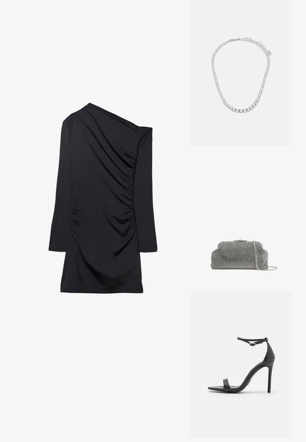 Robe noire avec un design une épaule, manches longues et texture froncée sur le côté. Fabriquée en tissu doux et extensible.; Sandales noires à talons hauts avec un orteil ouvert, des fines lanières et une boucle à la cheville. Texture en cuir lisse avec un design de forme pointue.; Reiss ADALINE EMBELLISHED - Pochette - silver coloured; Collier en argent avec une série de pierres rondes et transparentes, disposées côte à côte avec un fermoir à homard.