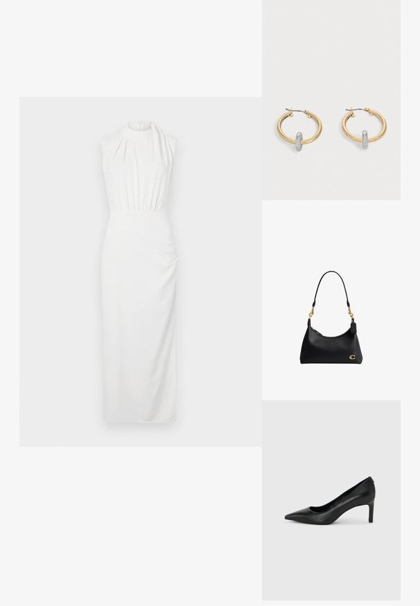 Robe blanche sans manches avec un col haut, taille froncée et jupe longue ; tissu lisse avec un drapé subtil et un détail textural.; Escarpin à bout pointu en cuir noir avec un talon fin de hauteur moyenne sur un fond gris clair uni.; Sac à bandoulière en cuir noir avec des finitions dorées, bandoulière courte, fermeture zippée et petit logo doré à l'avant.; Paire de boucles d'oreilles créoles dorées avec un petit détail boucle ton argent sur chaque, exposées sur fond gris clair.
