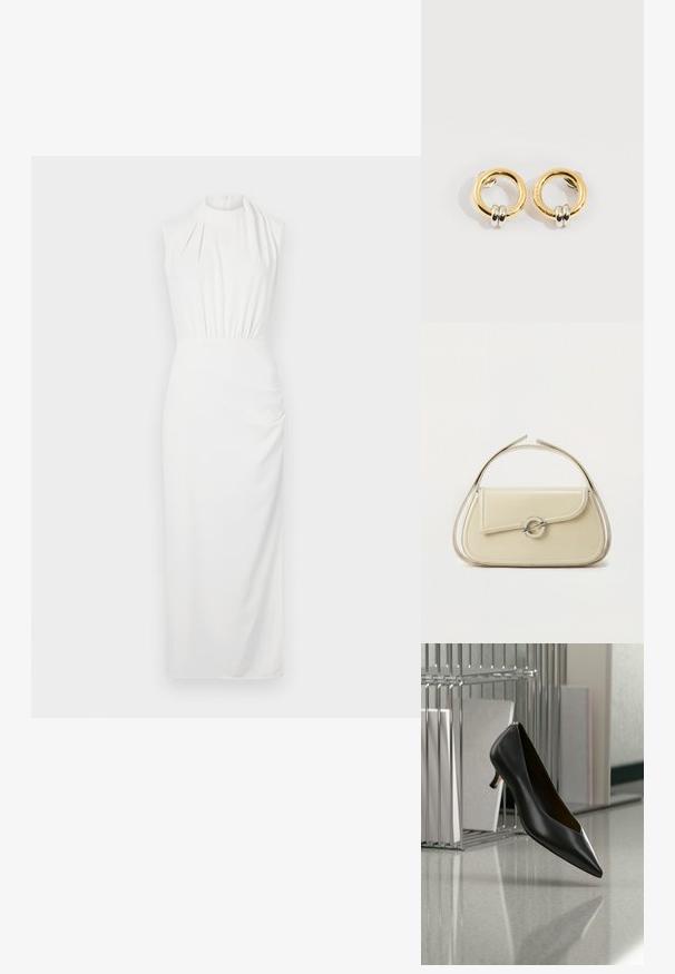 Robe blanche sans manches avec un col haut, taille froncée et jupe longue ; tissu lisse avec un drapé subtil et un détail textural.; Chaussure en cuir noir à bout pointu et talon kitten flottant au-dessus d'un sol gris moucheté, à côté d'un organiseur de fichiers en métal contenant des dossiers.; Sac à main en cuir crème avec rabat incurvé, fermoir circulaire en argent et poignée courte sur le dessus, sur fond blanc uni.; Boucles d'oreilles circulaires en or avec deux petites bagues en argent sur chacune, affichant des détails subtils du nom de la marque gravé, posées sur un fond blanc.