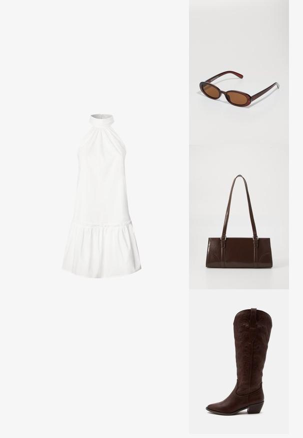 Weißes Baumwoll-Halterkleid mit gerafftem Ausschnitt und ausgestelltem, Rüschensaum. Glatte Textur, ärmelloses Design und knielange Silhouette.; Hoher brauner Leder-Cowboystiefel mit detaillierter Naht, spitzer Spitze und Blockabsatz auf schlichtem hellem Hintergrund.; Runde, braun getönte Sonnenbrillen mit einem glänzenden burgunderfarbenen Rahmen. Schlanke Bügel mit dezentem Branding. Flaches Linsendesign.; Braune Lackleder-Handtasche in rechteckiger Form, mit zwei langen Griffen und subtilen, geschwungenen Akzenten auf der Vorderseite.