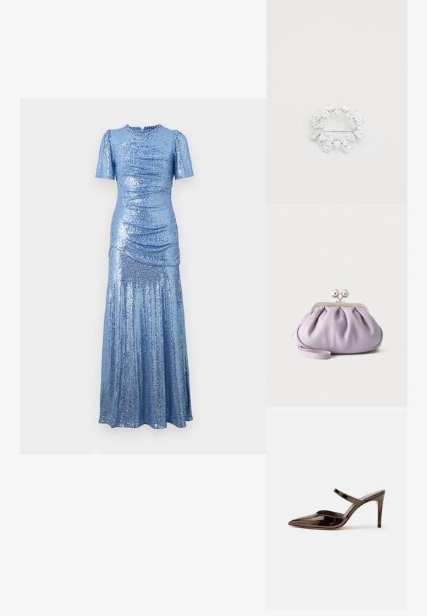 robe bleue pailletée avec un corsage ajusté, de courtes manches bouffantes et une jupe fluide. Présente des fronces sur les côtés pour une texture supplémentaire.; Mule à talon haut marron foncé brillant à bout pointu avec une fine bride sur le coup de pied sur fond blanc uni.; Pochette lavande douce avec tissu froncé, fermoir kiss-lock argenté et bracelet assorti sur un fond clair uni.; Broche circulaire avec plusieurs cristaux en forme de poire transparents, montés sur une base en métal argenté, dotée d'une attache épingle à l'arrière.