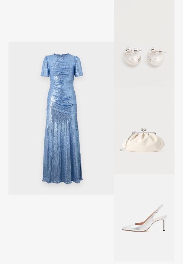 glitzerndes blaues Kleid mit tailliertem Oberteil, kurzen Puffärmeln und einem fließenden Rock. Verfügt über Raffung an den Seiten für zusätzliche Textur.; Silberner Slingback-Pumps mit spitzer Kappe, Schnallenriemen und schlankem, mittelhohem Absatz.; Cremefarbene Stoff-Clutch mit gerafftem Design, silbernem Metallrahmen, zwei dekorativen Kugeln und einem silbernen Kettenriemen.; Paar glänzende silberne dicke Creolen mit Stecker-Verschlüssen auf weißem Hintergrund.
