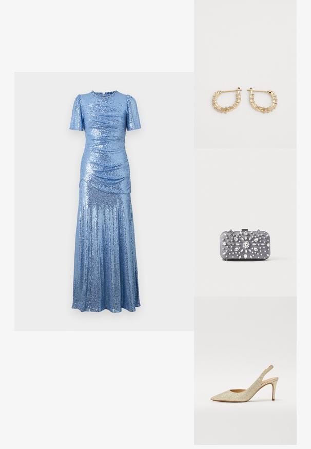 glitzerndes blaues Kleid mit tailliertem Oberteil, kurzen Puffärmeln und einem fließenden Rock. Verfügt über Raffung an den Seiten für zusätzliche Textur.; Goldene Glitzer-Slingback-High-Heel-Schuhe mit spitz zulaufender Spitze, ausgestattet mit seitlichen Ausschnitten und schmalem Stilettostock. Glatte Innenauskleidung.; Kleine rechteckige dunkelgraue Clutch, verziert mit klaren Strasssteinen in einem strahlenförmigen Muster und einem silbernen Kettenriemen.; Goldene Creolen mit geripptem Design und kleinen klaren Kristallen am Rand, die eine strukturierte und reflektierende Oberfläche erzeugen.