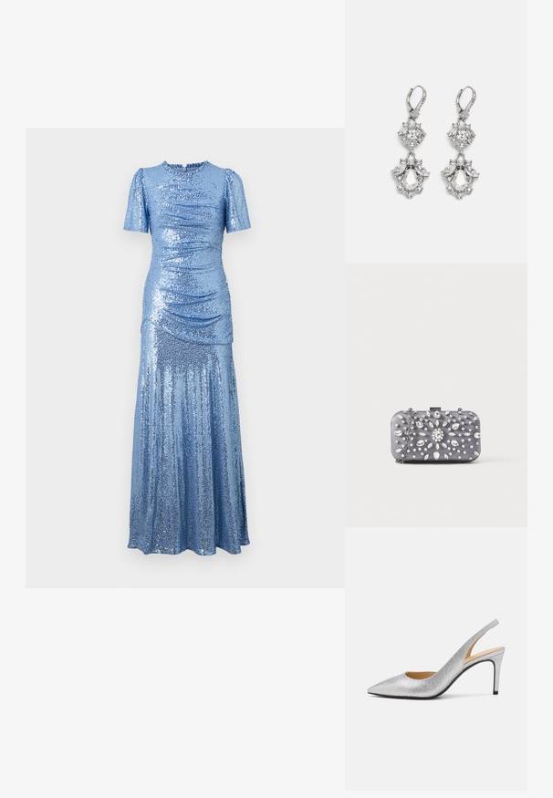 glitzerndes blaues Kleid mit tailliertem Oberteil, kurzen Puffärmeln und einem fließenden Rock. Verfügt über Raffung an den Seiten für zusätzliche Textur.; Silberne Glitzer-Slingback-Absätze mit spitzem Zehenbereich, einem schmalen Absatz und einem Ausschnitt an der Seite. Glatte Textur und glänzende Oberfläche.; Kleine rechteckige dunkelgraue Clutch, verziert mit klaren Strasssteinen in einem strahlenförmigen Muster und einem silbernen Kettenriemen.; Silberfarbene Ohrringe mit mehreren klaren Kristallgemmen in Tropfen- und Marquiseformen, mit Klappverschluss und kunstvollen Details.