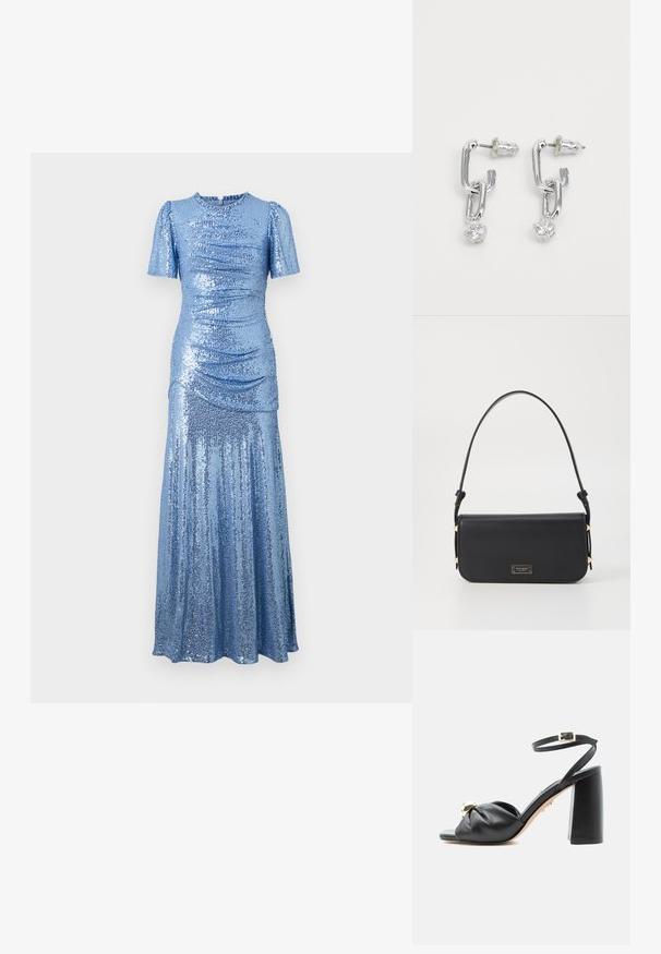 glitzerndes blaues Kleid mit tailliertem Oberteil, kurzen Puffärmeln und einem fließenden Rock. Verfügt über Raffung an den Seiten für zusätzliche Textur.; Schwarze Leder-Sandale mit hohem Absatz, Knöchelriemen und goldener Schnalle, vorne gerafft mit rundem Goldakzent.; Schwarze Lederhandtasche mit elegantem Design, rechteckiger Form und einem einzigen Griff. Verfügt über Hardware in Golddetails und ein Logopunkt.; Silberne Ohrringe aus Metall mit einem verknüpften Kettendesign und einem klaren Edelsteinakzent am Ende. Glänzende Oberfläche und Steckerbefestigung.
