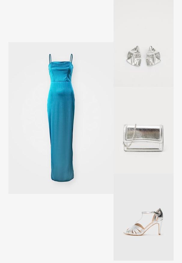 Satin ψηλή μέση φόρεμα σε teal με λεπτές τιράντες, ίσια λαιμόκοψη και εφαρμοστή σιλουέτα που καταλήγει σε ελαφριά φουσκίτσα στο τελείωμα.; Ασημένιο πέδιλο με ψηλό τακούνι, λουρί T, αγκράφα στον αστράγαλο και πολλαπλές λεπτές μπροστινές λουρίδες σε λευκό φόντο.; Ασημένια μεταλλική τσάντα clutch με απλή υφή, κλείσιμο με καπάκι και αλυσίδα. Διαθέτει δομημένο ορθογώνιο σχέδιο και ραφές.; Ασημένια σκουλαρίκια με κυματιστό, γλυπτικό σχέδιο που διαθέτουν γυαλιστερή φινίρισμα και ακανόνιστα σχήματα, αναδεικνύοντας μια σύγχρονη αισθητική.