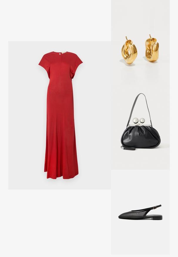 Červené maxi šaty s krátkymi rukávmi, s priliehavým vrchom a splývavou sukňou. Hladká textura, minimalistický dizajn a detail s otvorom na chrbte.; Čierna slingback balerína s ostrou špičkou, sieťovaným zvrškom, nastaviteľným remienkom s prackou a nízkym stohovaným podpätkom na bielom pozadí.; Čierna kožená kabelka so zhlukovým dizajnom, jedným popruhom, strieborným kovovým rámom a dvoma veľkými okrúhlymi striebornými zapínaniami.; Masívne zlaté kruhové náušnice s jemne skrúteným, rúrkovým dizajnom a uzávermi na zadnej strane na bielom pozadí.