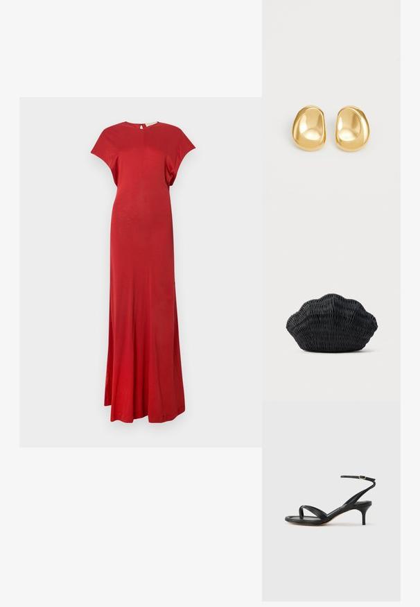 Rød maxi kjole med korte ærmer, tætsiddende top og flydende skørt. Glat tekstur, minimalistisk design og en nøglehul tilbage detalje.; Sort damesandal i læder med tynde remme, en tå-loop, ankelspænde og en mellemhøj stiletthæl på en neutral baggrund.; Sort flet håndtaske formet som en muslingeskal med en buet top og flettet tekstur på en ensfarvet baggrund.; Guldfarvede stud øreringe med en glat, rund form og en reflekterende overflade, der fremhæver et minimalistisk design uden synlige mønstre.
