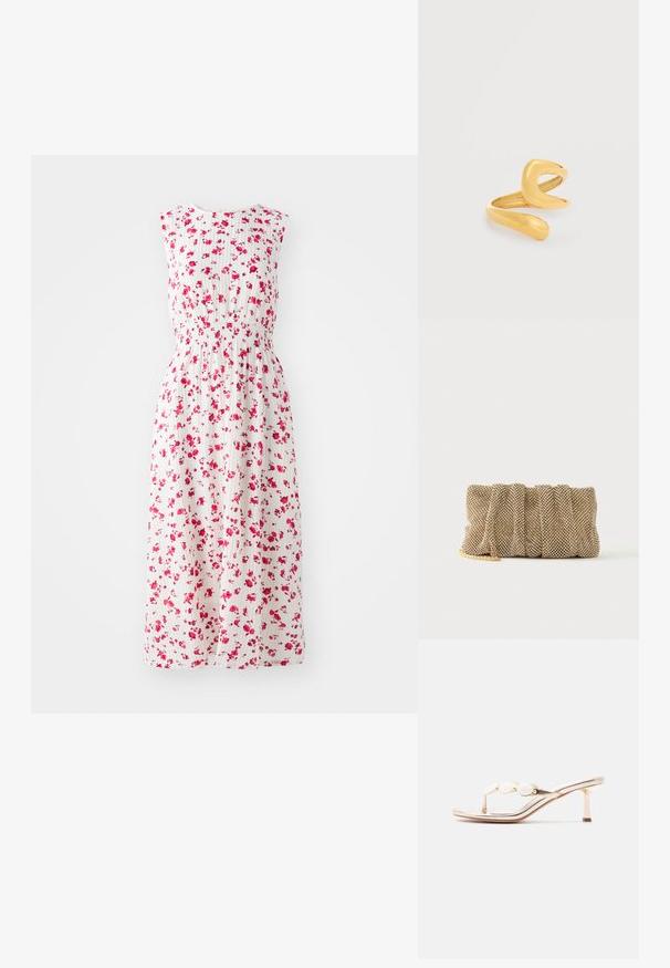 Bloemenmaxi-jurk met een witte achtergrond, bedekt met kleine roze bloemen, met een getailleerde taille en zonder mouwen.; Gouden sandaal met dunne band versierd met vier ronde witte kralen, open teen en een smalle naaldhak op een witte achtergrond.; Kleine gouden mesh clutch met een geplooid ontwerp en een deels zichtbare gouden kettingriem op een effen witte achtergrond.; Open gouden ring met een minimalistisch, modern ontwerp tegen een witte achtergrond.