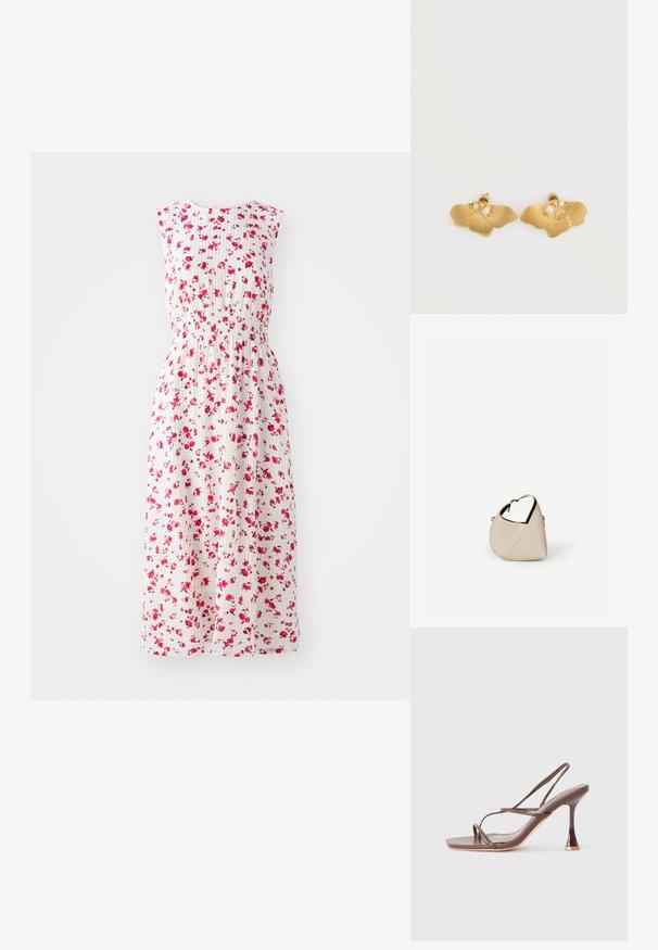 Bloemenmaxi-jurk met een witte achtergrond, bedekt met kleine roze bloemen, met een getailleerde taille en zonder mouwen.; Bruine hoge hakken sandalen met bandjes, een vierkante neus, slanke bandjes, een glanzende afwerking en een opvallende, gebogen hak.; Beige leren handtas in halvemaanvorm met een enkele schouderband en minimale stiksels, afgebeeld tegen een effen witte achtergrond.; Gouden oorbellen met een bladvormig ontwerp met geribbelde textuur, verfraaid met drie kleine witte parels. Sluiting met vlindersluiting.