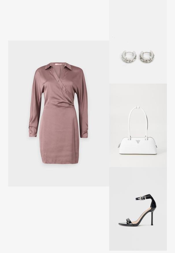 Vestido envolvente de suave satén rosa con mangas largas, un collar y un escote en V, que presenta una cintura ajustada y un dobladillo recto.; Sandalia de tacón alto en piel sintética negra con correa en el tobillo. Presenta un diseño minimalista, punta abierta y una hebilla con detalles de pedrería.; Bolso de cuero blanco con forma curva, que presenta un logo triangular plateado y cierre de cremallera. Textura lisa y dos asas.; Guess STYLISH - Pendientes - silver-coloured
