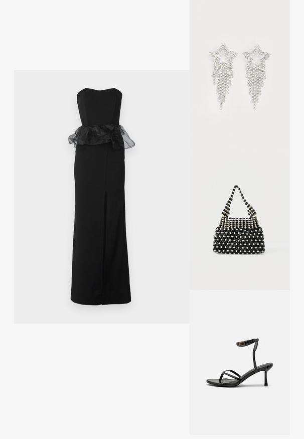 WAL G. AURA PEPLEM MAXI DRESS - Koktailové šaty/večierkové šaty - black; Čierne vysoké podpätky sandále s úzkym dizajnom remienka, hladkou textúrou, rozopínaním na členku a špicatou špičkou. Detail nastaviteľného remienka na členku.; Čierno-biela kabelka s krátkym rúčikom, zdobená striedavými perlovými a čiernymi fazetovanými korálkami v kockovanom vzore.; Náušnice vo forme hviezdy posiate trblietkami s kaskádovým strapcovým detailom, s strieborným odtieňom a lesklým, reflexným povrchom. Tvar hviezdy s precíznym dizajnom.