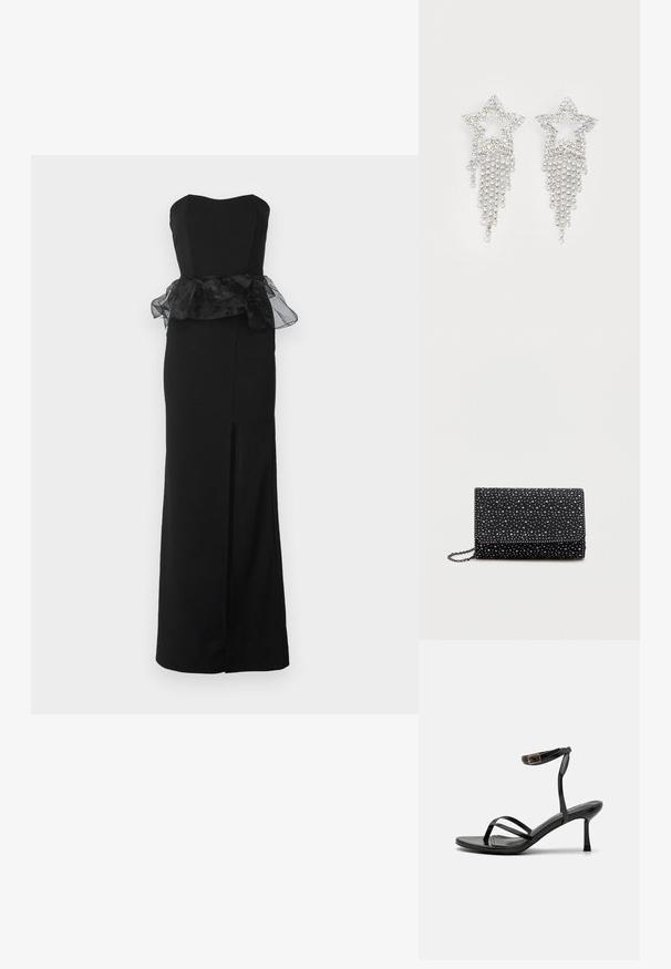WAL G. AURA PEPLEM MAXI DRESS - Cocktail φόρεμα / Φόρεμα για πάρτι - black; Μαύρες ψηλές σандάλες με στενή σχεδίαση λουριού, λεία υφή, αγκράφα στον αστράγαλο και μυτερή μύτη. Ρυθμιζόμενο λουρί αστραγάλου.; Μαύρη τσάντα φάκελος με καπάκι, κατασκευασμένη από υφασματική υφή, διακοσμημένη με ασημένιους στιλβωμένους στούκους ομοιόμορφα κατανεμημένους στην επιφάνεια. Διαθέτει αλυσίδα για τον ώμο.; Σκουλαρίκια αστεριών με κρεμαστές λεπτομέρειες από ρινοστόν, σε ασημένια απόχρωση και με γυαλιστερή, ανακλαστική επιφάνεια. Σχήμα αστεριού με περίπλοκο σχέδιο.
