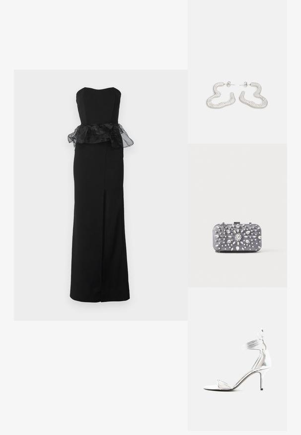WAL G. AURA PEPLEM MAXI DRESS - Juhlamekko - black; Hopeiset korkokengät ohuilla remmeillä, nilkan ympärille kietoutuvat ja kapealla piikkikorolla yksinkertaisella valkoisella taustalla.; Pieni suorakulmainen tummanharmaa clutch-laukku, joka on koristeltu kirkkailla strasseilla säteittäisessä kuviossa ja jossa on hopeinen ketjuhihna.; Korvakorut hopean sävyssä, joissa on aaltoileva, abstrakti muotoilu, koristeltuna pienillä, kimaltavilla kristalleilla. Vakuuttava paikkakiinnitys.