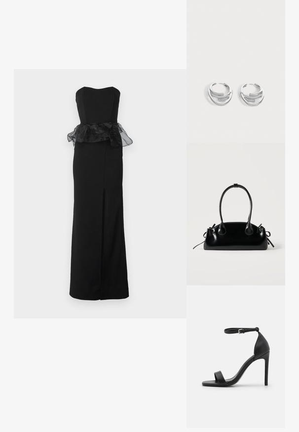 WAL G. AURA PEPLEM MAXI DRESS - Koktailové šaty/večierkové šaty - black; Čierne sandále na vysokom opätku s elegantným dizajnom, obsahujúce popruh okolo členka, otvorenú špičku a hladký kožený povrch.; Malá čierna lesklá kabelka s dvoma dlhými rúčkami a bočnými šnúrkovými detailmi na jednoduchom svetlom pozadí.; Pár vyleštených strieborných kruhových náušníc s vrstveným, zakriveným tyčovým dizajnom na jednoduchom svetlom pozadí.