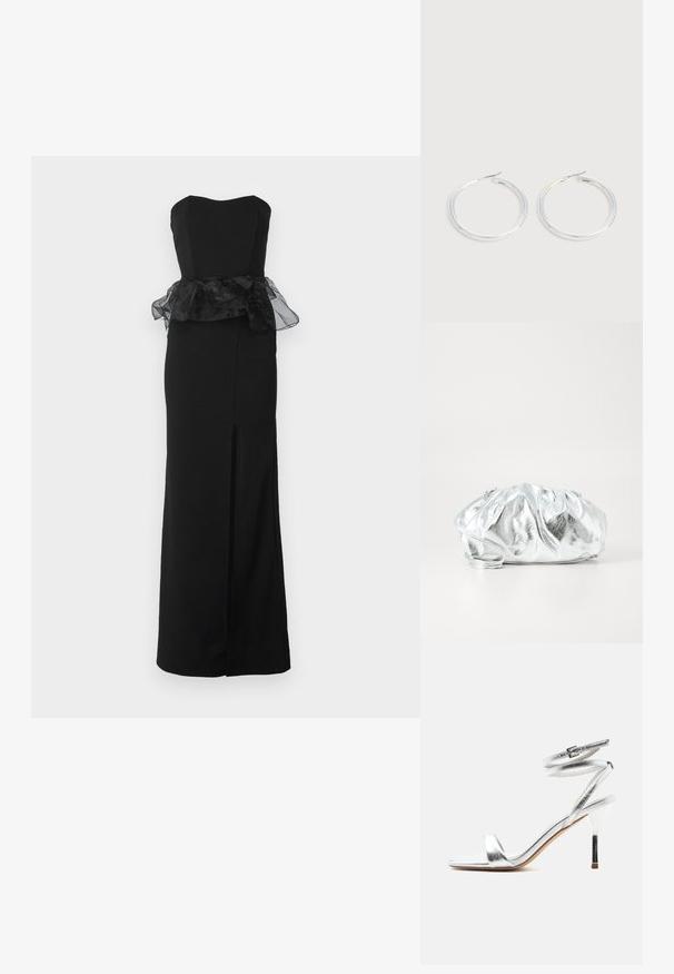 WAL G. AURA PEPLEM MAXI DRESS - Juhlamekko - black; Hopeinen korkokengäsandaali, jossa nilkan ympärille kiedottavat hihnat ja ohut piikkikorko, nähtynä sivulta valkoisella taustalla.; Metallinen hopeinen clutch-laukku, jossa on pehmeä, rypistynyt runko ja ohut olkahihna. Siinä on sileä, kiiltävä pinta ja pyöreä muoto.; Pari kiiltäviä hopeisia renkaanmuotoisia korvakoruja, joissa on ohuet langan sulkimet, esillä vaaleanharmaalla taustalla.