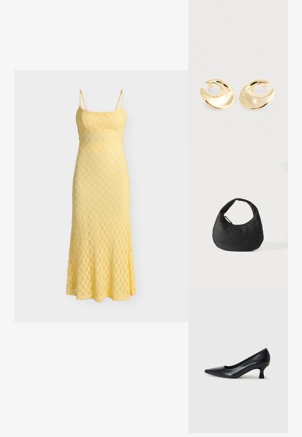 Robe jaune sans manches avec fines bretelles, featuring un motif en dentelle florale et une silhouette ajustée s'évasant légèrement à l'ourlet.; Pompe en cuir noir avec un bout pointu et un petit talon carré. Texture lisse, lignes épurées, design simple sans motifs ni ornements visibles.; Sac à main en cuir tressé noir avec une poignée courbée et un corps en forme de croissant, présenté sur un fond blanc uni.; Une paire de boucles d'oreilles en forme de croissant dorées et brillantes, avec des supports en plastique transparent, sur une surface gris clair.