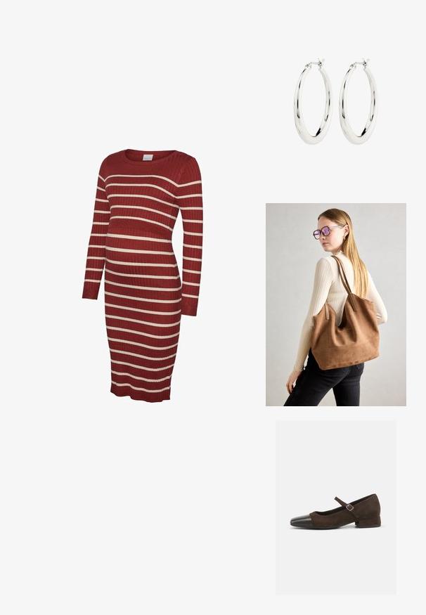 Umstandskleid aus Rippstoff mit figurbetonter Form und langen Ärmeln. Die Farbe ist tiefrot mit kontrastierenden weißen horizontalen Streifen.; Braune Wildleder-Mary-Jane-Schuhe mit einer schwarzen Lackleder-Zehenspitze, verstellbarem Riemen und einem niedrigen Blockabsatz. Glatte Textur mit minimalen Akzenten.; Braune Wildleder-Tasche mit weicher Textur, großer Öffnung und langen Trägern. Sie verfügt über ein simples Design mit sichtbarem Stich und ohne Beschläge.; Silberne Creolen mit einer glatten, glänzenden Oberfläche. Kreisform, ausgestattet mit einem sicheren Verschluss. Einfaches und elegantes Design.