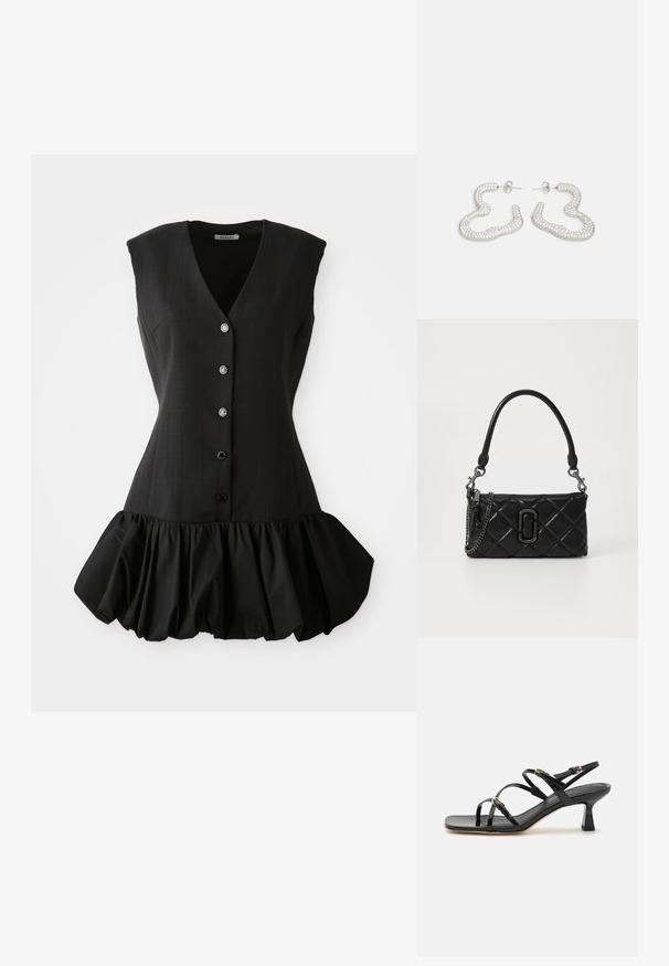 Robe noire sans manches avec un décolleté en V plongeant, un devant à boutons et un ourlet à volants. Fabriquée en tissu lisse avec un corsage structuré et une texture douce.; Sandales à strapes en cuir verni noir avec un bout carré et un petit talon carré. Présente des accessoires en métal doré et des brides de cheville réglables.; Sac à main en cuir matelassé noir avec une poignée courte et une bandoulière en chaîne détachable. Présente un logo en évidence et une finition brillante.; Boucles d'oreilles en métal argenté au design abstrait et ondulé, ornées de petits cristaux scintillants. Fermeture arrière à clou sécurisée.