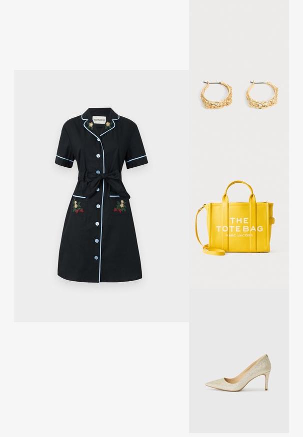 Helmstedt FIONA DRESS - Skjortekjole - black; Spidsestilet i glitrende guldmateriale, med en slank silhuet, en 10 cm hæl og en glat indvendig foring.; Lys gul læder tote taske med top håndtag, aftagelig skulderrem og "THE TOTE BAG MARC JACOBS" trykt på forsiden.; Par af øreringe i guldfarve med udsmykket blomster- og bladprægning på en neutral baggrund.