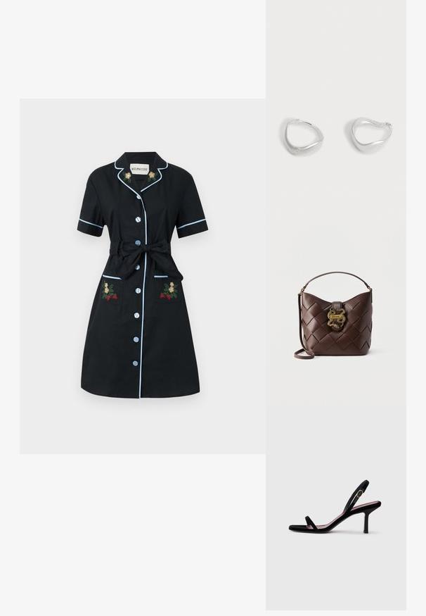 Helmstedt FIONA DRESS - Skjortekjole - black; Sorte ruskind højhælede sandaler til kvinder med slanke stropper og en guldbuckle på hvid baggrund, set fra siden.; Mørkebrunt vævet læderhåndtaske med øverste håndtag og aftagelig skulderrem, med en guldfarvet slangeornament på forreste lukning.; Par glatte hoop-øreringe i sølvfarve med en let ujævn trekantet form på en ensfarvet lys baggrund.