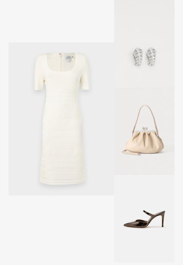 Robe blanche en tricot à côtes avec un décolleté carré et des manches courtes ; elle présente des motifs de texture horizontaux et une fermeture éclair au dos.; Mule à talon haut marron foncé brillant à bout pointu avec une fine bride sur le coup de pied sur fond blanc uni.; Sac à main en cuir souple beige avec un fermoir en métal argenté, une bandoulière simple et une bandoulière chaîne optionnelle sur fond blanc.; Boucles d'oreilles en clip argentées avec un design en spirale, présentant une texture métallique lisse et des formes arrondies. Pas d'embellissements ou de motifs visibles.