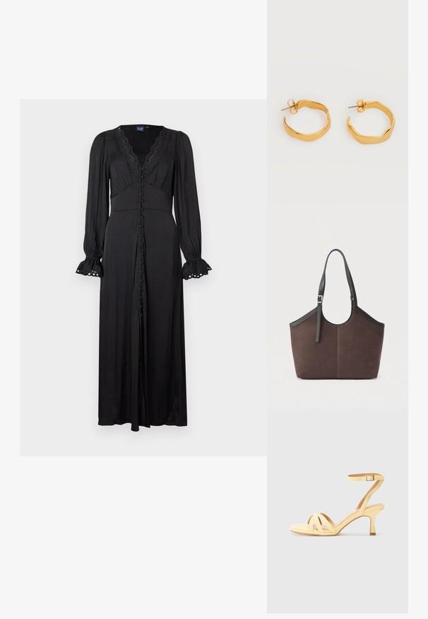 Robe noire à manches longues avec un col en V, une bordure en dentelle et une fermeture boutonnée sur le devant. Présente une taille ajustée et des manches évasées avec des détails en œillets.; Sandales jaunes à brides avec un petit talon, comportant une fine bride de cheville et plusieurs brides croisées formant un design à bout ouvert.; Sac fourre-tout marron avec bretelles d’épaule noires réglables et boucle argentée, texture lisse, design simple et structuré sur un fond uni.; Paire de boucles d'oreilles créoles en or poli, de forme irrégulière, avec des attaches à puce, sur un fond blanc uni.