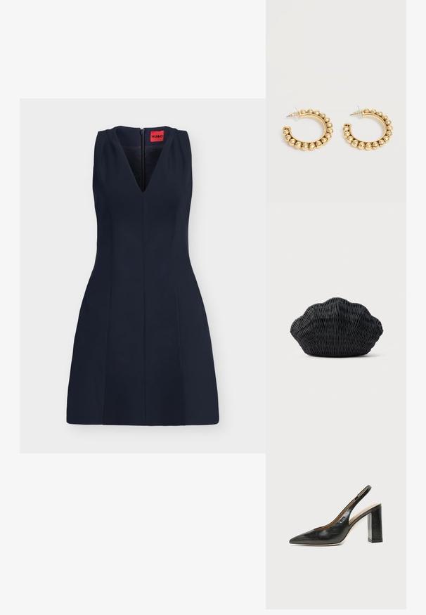 Robe sans manches bleu marine foncé avec encolure en V, taille cintrée et fermeture éclair au dos, comportant une étiquette de marque HUGO rouge à l’intérieur du col.; Chaussure slingback en cuir noir à bout pointu avec un talon bloc haut et une doublure intérieure beige sur un fond clair uni.; Sac à main en osier noir en forme de coquille Saint-Jacques avec un dessus courbé et une texture tressée sur un fond uni.; Paire de boucles d’oreilles créoles dorées avec des détails de perles arrondies le long du bord extérieur sur un fond clair.