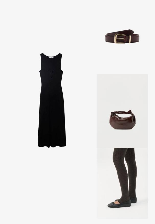 Zwarte mouwloze jurk met een V-hals, voorzien van een strikdetail aan de voorkant en een vloeiende, A-lijn silhouet. Gemaakt van een gladde stof.; Benen met donkere geribbelde leggings gecombineerd met zwarte ballerina's met kleine strikdetails op een witte achtergrond.; Donkerbruine leren schoudertas met een zachte, slungelige vorm en een gedraaide knoopvormige handgreep op een effen witte achtergrond.; Donkerbruine leren riem opgerold met een gladde gouden rechthoekige metalen gesp op een witte achtergrond.