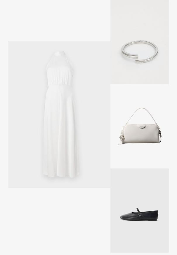 Robe maxi blanche à encolure halter avec un corsage ajusté, une taille froncée et une jupe fluide. Tissu lisse avec un éclat subtile.; Ballerines noires en cuir avec un bout pointu, une semelle plate et une petite sangle avec un détail de boucle en argent.; Sac à main rectangulaire blanc Calvin Klein avec une seule poignée, design minimaliste et pampilles décoratives avec un charm métallique géométrique sur le côté.; Calvin Klein SPIRAL - Bracelet - silver-coloured