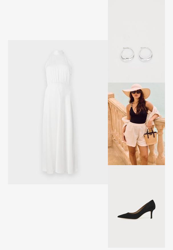 Robe maxi blanche à encolure halter avec un corsage ajusté, une taille froncée et une jupe fluide. Tissu lisse avec un éclat subtile.; Escarpin en daim noir à bout pointu avec un talon stiletto fin de hauteur moyenne et un design à coupe basse sur un fond uni.; Femme aux longs cheveux portant un chapeau à large bord, un haut noir sans manches, un short blanc, des lunettes de soleil, tenant un petit sac tressé près d'une rambarde en pierre.; Boucles d'oreilles en argent avec une finition polie et un branding DKNY, présentées sur un fond blanc uni.
