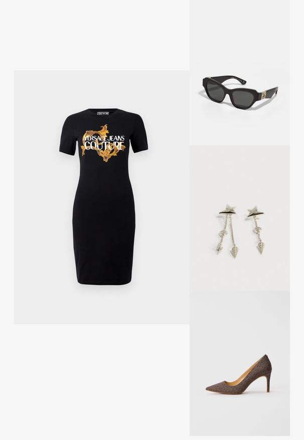 Mustmust mustrõiv mustade lühikeste käistega, millel on kuldne ja valge "VERSACE JEANS COUTURE" logo ning keerukad kuldsed mustrid ees.; Pruun mustriga kõrge kontsaga king, millel on terav nina ja õhuke stilettokonts, valgel taustal.; Mustad mustad prillid tumedate läätsedega, terava kujuga raam ja kuldne logo aksent küljel. Sile tekstuur ja minimalistlik disain.; Hõbedast tähekujulised kõrvarõngad, millel on kaks ripatsiga ahelat; üks ahel lõpeb välgumihkliga ripatsiga, teine terava tipuga koonusega, mille sees on kivikesed.