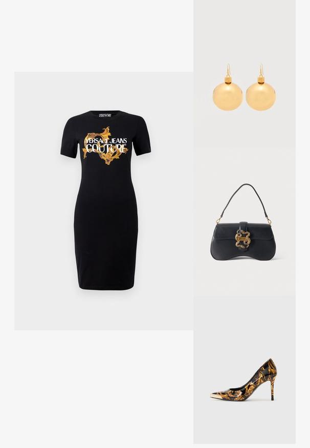Čierne priliehavé šaty s krátkym rukávom, ktoré sú zdobené zlatým a bielym logom "VERSACE JEANS COUTURE" a zložitými zlatými vzormi na prednej strane.; Dámska vysoká ihlová obuv s špicatou špičkou a lesklým čiernym povrchom, zdobená zlatými kvetinovými vzormi a kovovým zlatým uzáverom na špičke.; Čierna kožená kabelka so zakriveným tvarom, jedným držadlom a zlatým zapínaním v tvare hada s nápisom "Just Cavalli" na jednoliatom pozadí.; Pár lesklých zlatých náušníc vo forme vianočných gúľ s háčikovým zapínaním na bielom pozadí.