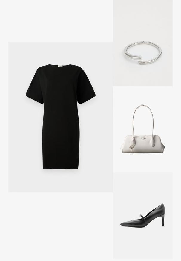 Robe noire avec une coupe ample, des manches courtes et une coupe droite. Fabriquée en tissu doux et lisse avec un col rond.; Escarpin noir en cuir à bout pointu avec une fine bride et une boucle sur le cou-de-pied, posé sur un fond clair neutre.; Sac à bandoulière blanc Calvin Klein avec longues poignées, forme rectangulaire, fermeture éclair et charm logo décoratif suspendu près de la poignée.; Calvin Klein SPIRAL - Bracelet - silver-coloured