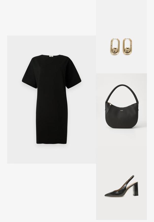 Sort kjole med løs pasform, korte ærmer og lige snit. Fremstillet af blødt, glat stof med rund halsudskæring.; Sort læder peep-toe slingback sko med høj blokhæl og beige indvendig foring mod en ensfarvet lys baggrund.; Sort lædertaske med en rund form og en enkelt toprem. Har en lynlåslukning og et subtilt guldlogo på fronten.; BOSS DOUBLE B SWING - Øreringe - gold-coloured