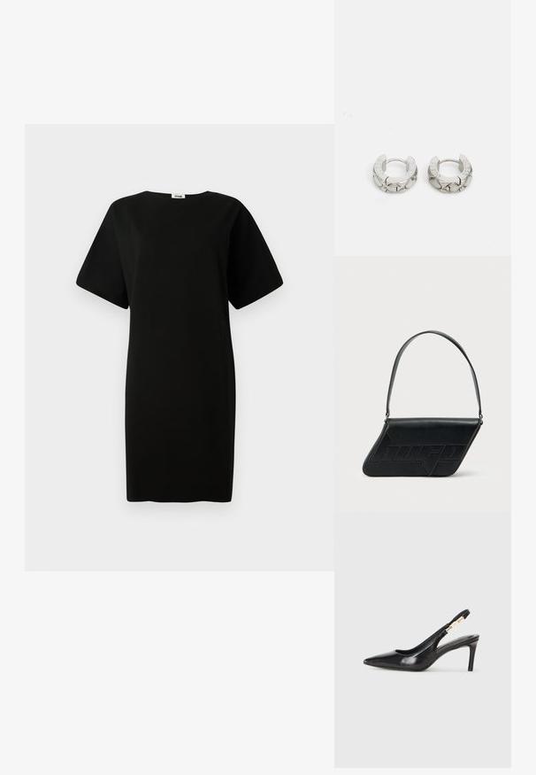 Sort kjole med løs pasform, korte ærmer og lige snit. Fremstillet af blødt, glat stof med rund halsudskæring.; Sort læder slingback højhælede sko med spidse tæer, glat overflade og en smal ankelrem med guldfarvede hardware detaljer.; Sort skuldertaske i læder med trekantet form, præget logo og en enkelt justerbar rem. Minimalistisk design med glat tekstur.; Guess STYLISH - Øreringe - silver-coloured